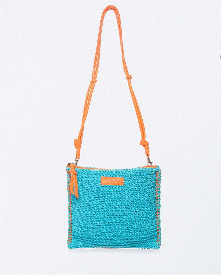 Small hand-knitted crochet shoulder bag. Turquoise