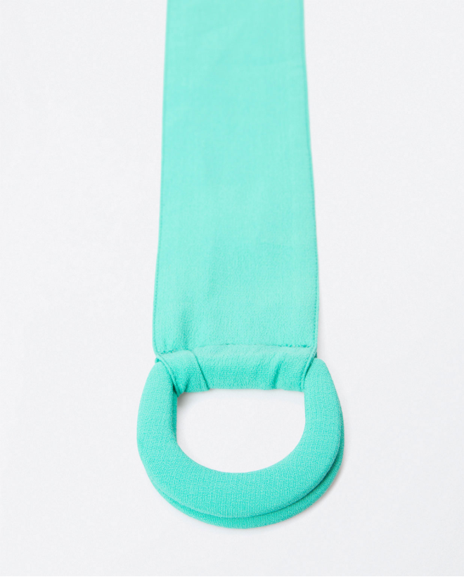 Wide belt in fabric with double buckle. Turquoise