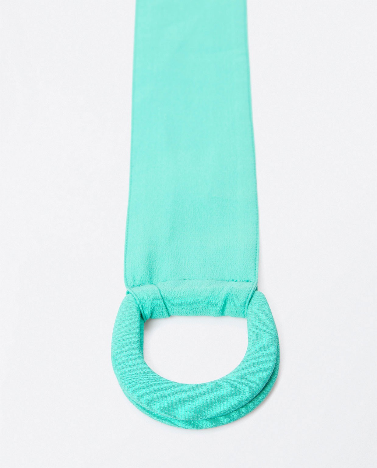 Wide belt in fabric with double buckle. Turquoise