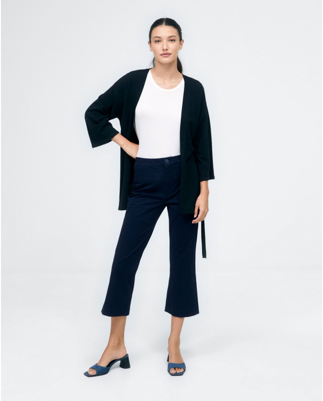 3 4 sleeve knitted cardigan with belt. Plain. Black