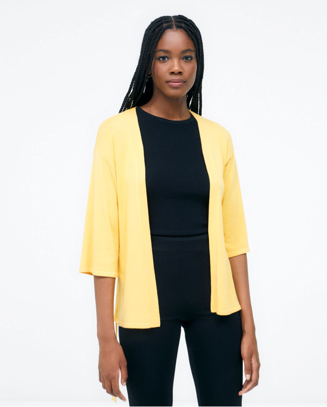 3 4 sleeve knitted cardigan with belt. Plain. Yellow
