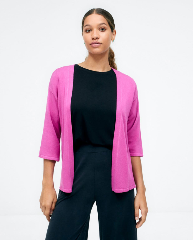 3 4 sleeve knitted cardigan with belt. Plain. Fuchsia
