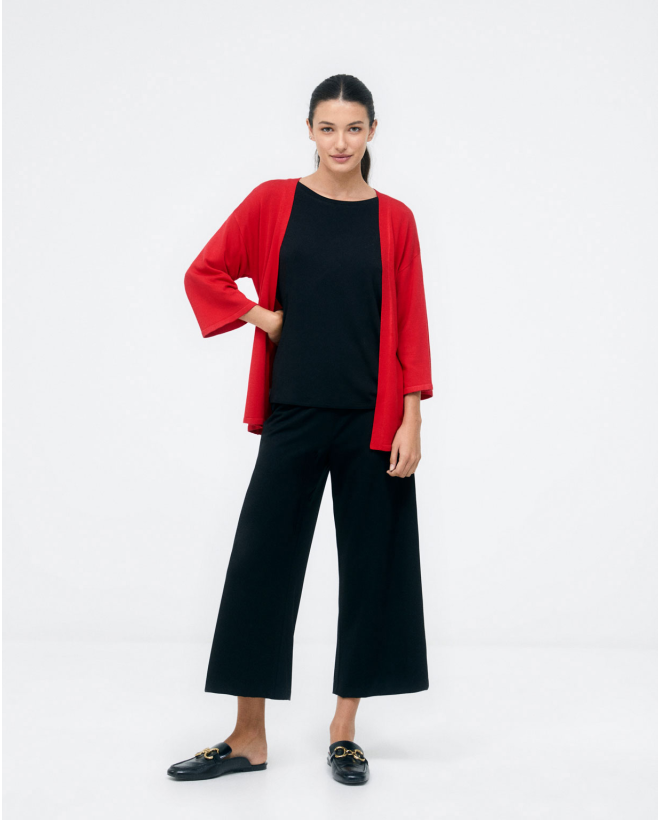 3 4 sleeve knitted cardigan with belt. Plain. Red