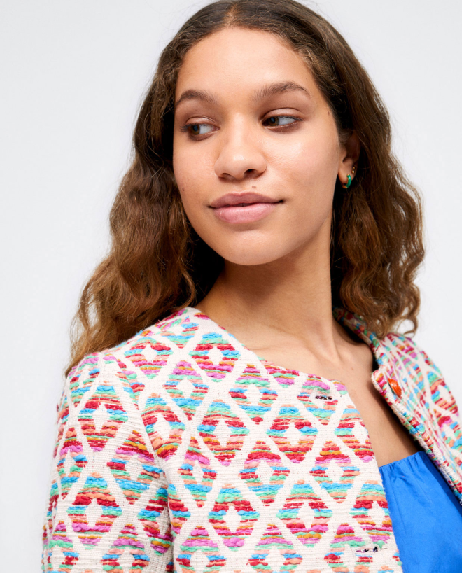 Short jacket without collar. Button fastening. Multi