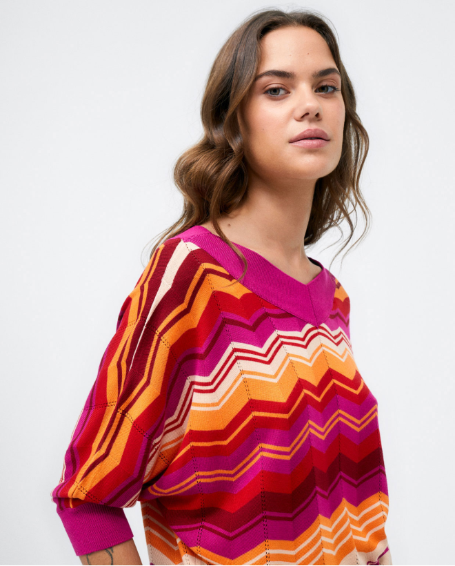 3 4 sleeve knitted jumper. Stripes Fuchsia
