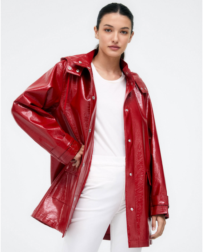 3 4 length parka with hood and pockets. Smooth Red