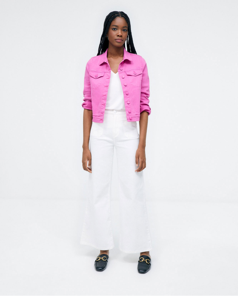 Long denim trousers with pockets. Plain White
