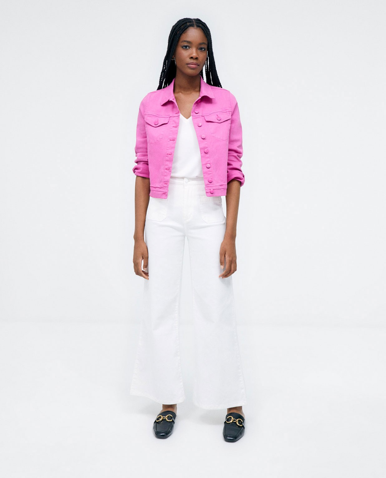 Long denim trousers with pockets. Plain White