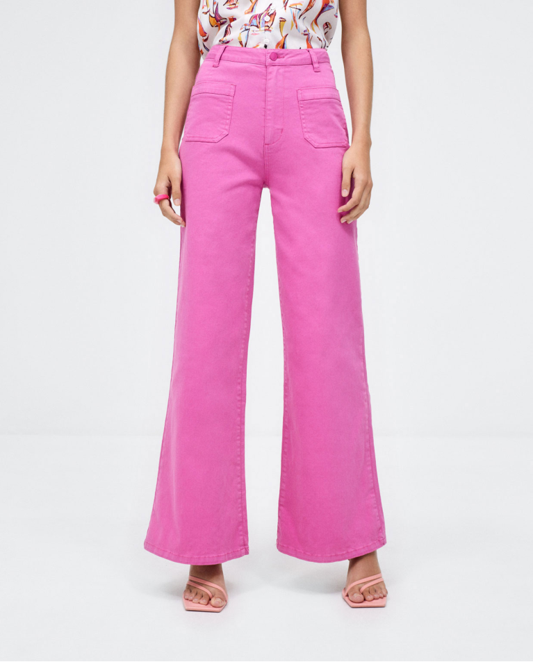 Long denim trousers with pockets. Plain Fuchsia