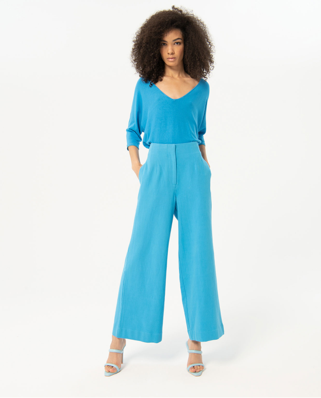 Pantalón pinzas algodón liso Azul
