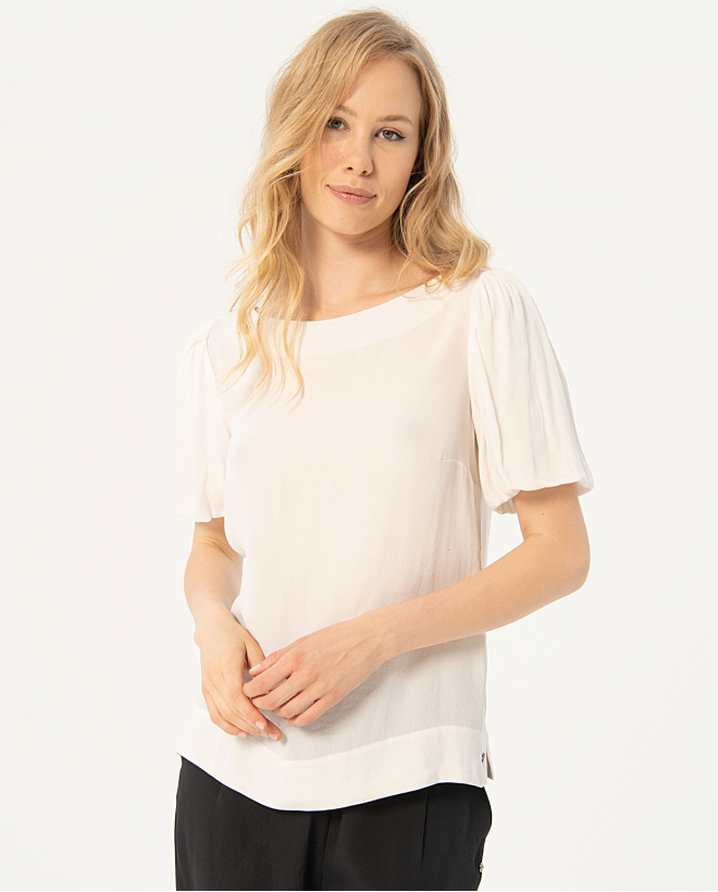 Camiseta crepe manga abullonada lisa Blanco