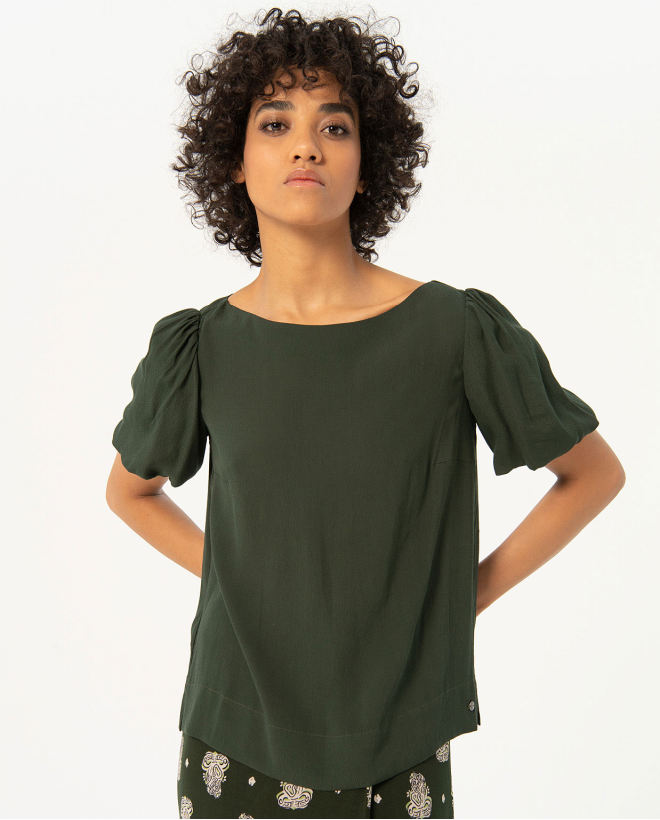 Camiseta crepe manga abullonada lisa Kaki