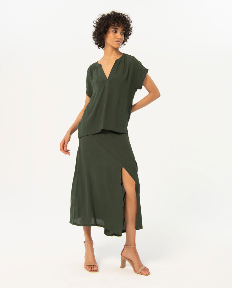 Blusa crepe manga caída lisa Kaki