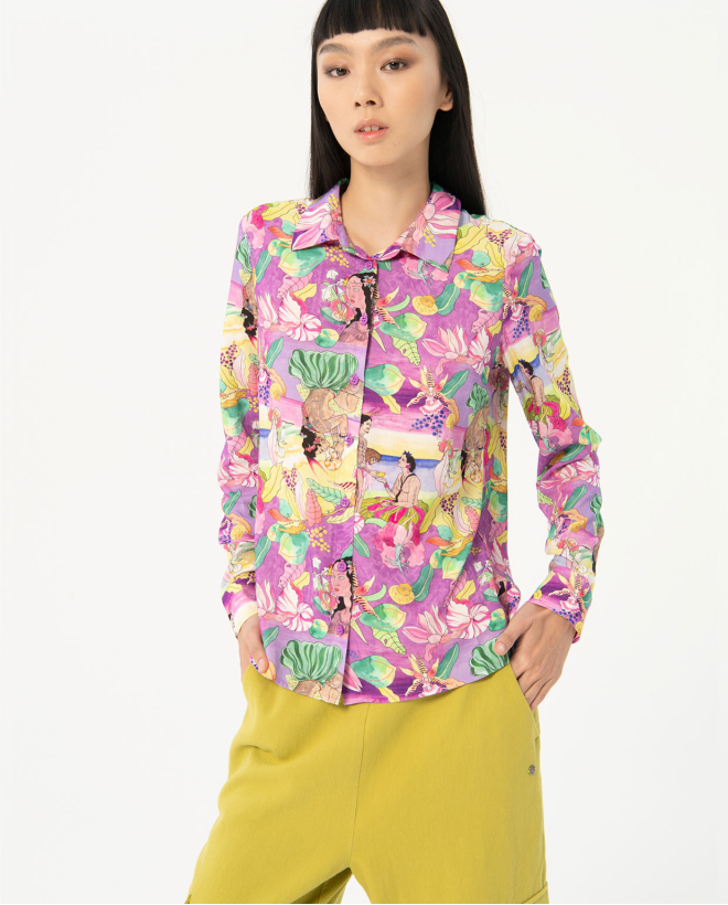 Camisa manga larga fluida estampada Multi