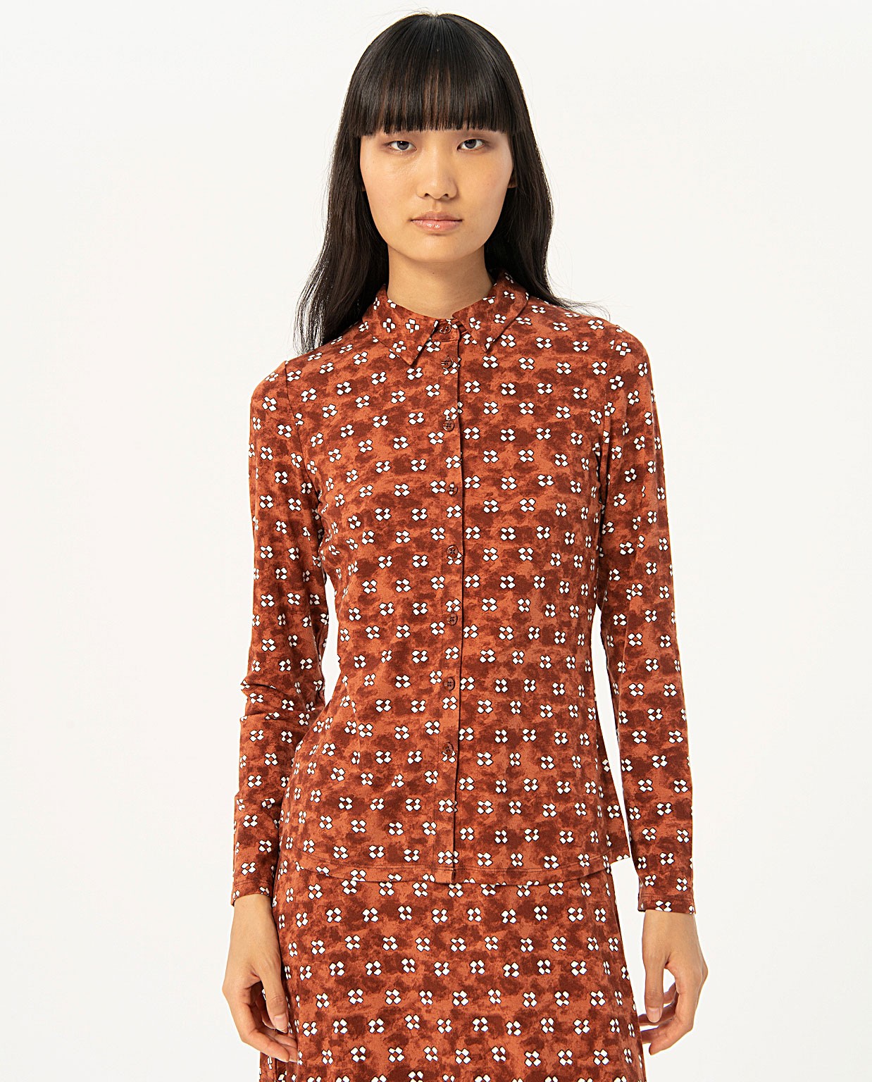 Printed long sleeve crepe shirt Brown