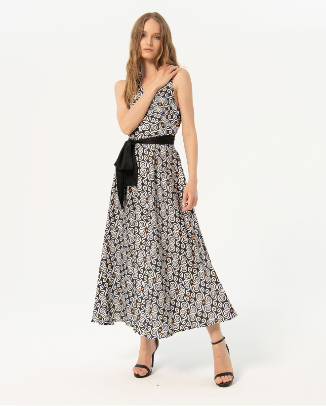 Vestido satinado largo y cruzado estampado Negro