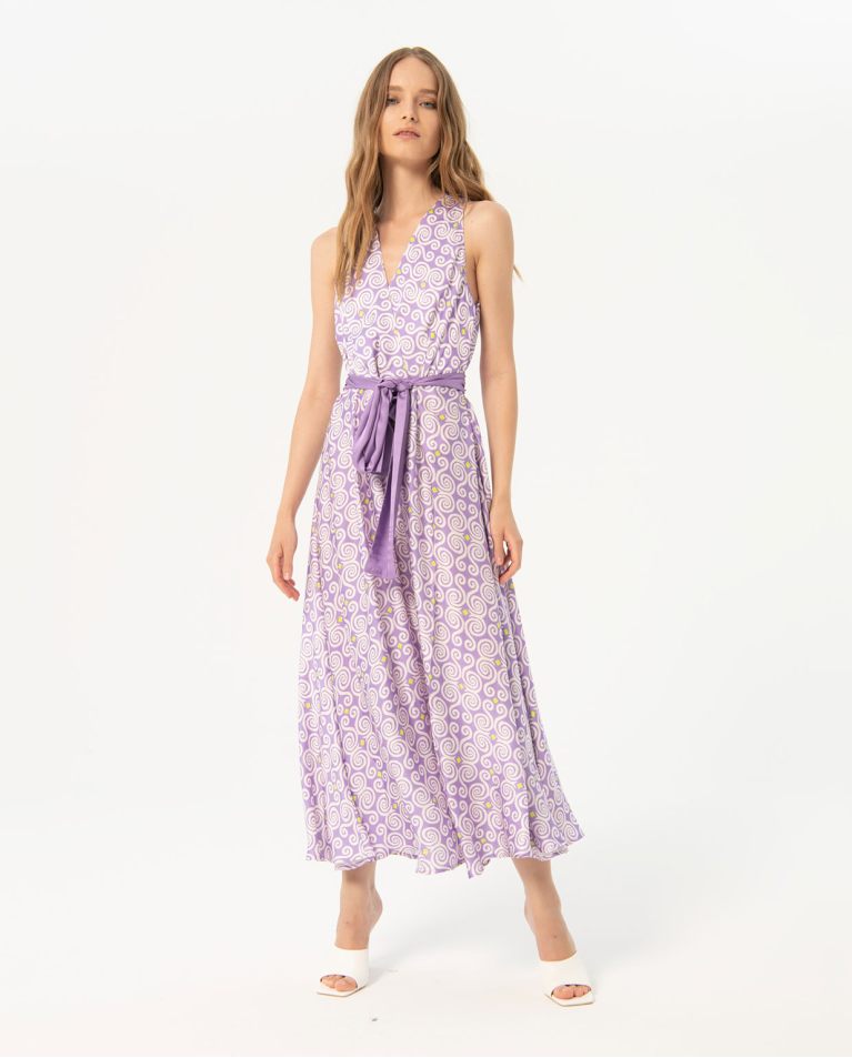 Vestido satinado largo y cruzado estampado Lila