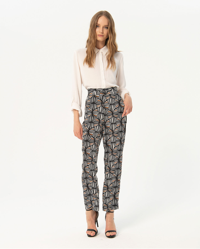 Pantalón largo recto talle alto crepe estampado Negro