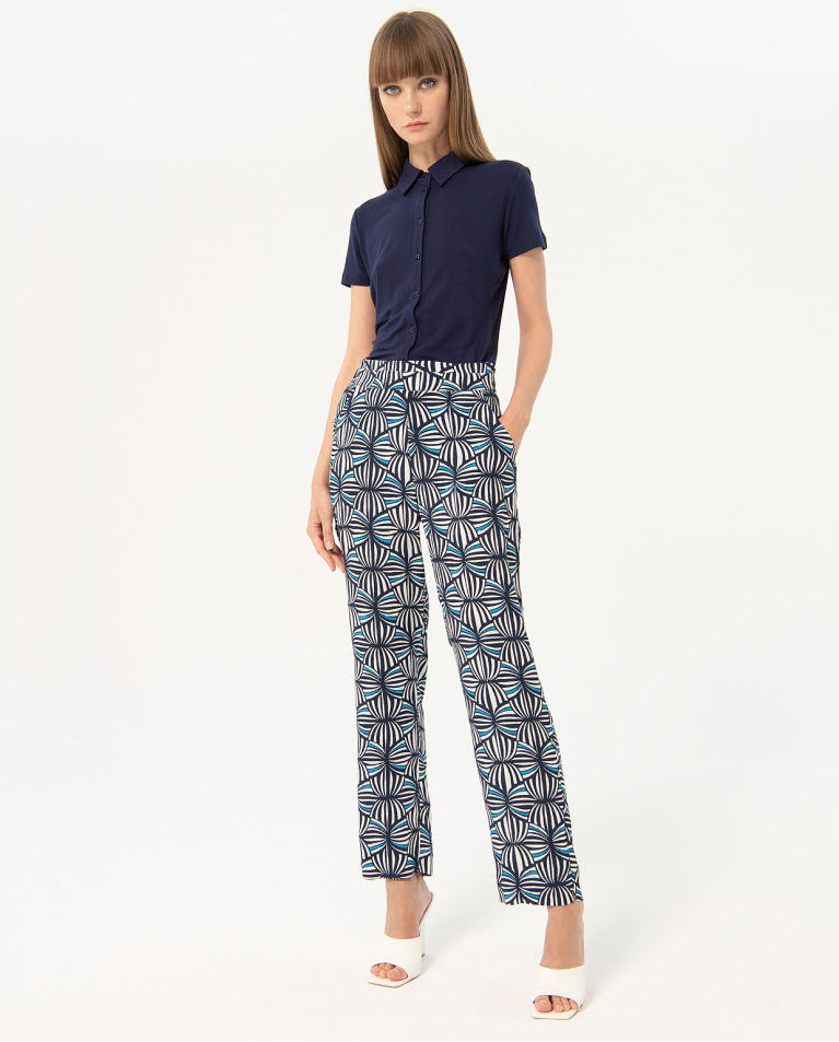 Pantalón largo recto talle alto crepe estampado Marino