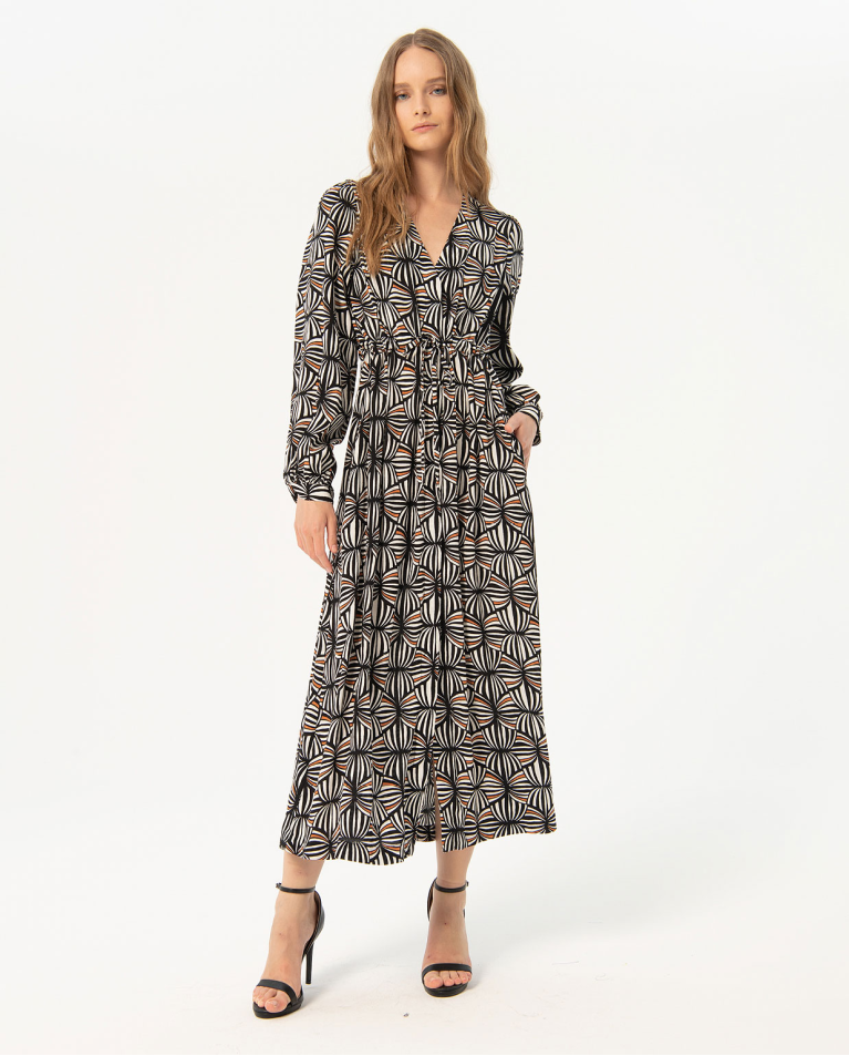 Vestido largo cinturón crepe estampado Negro