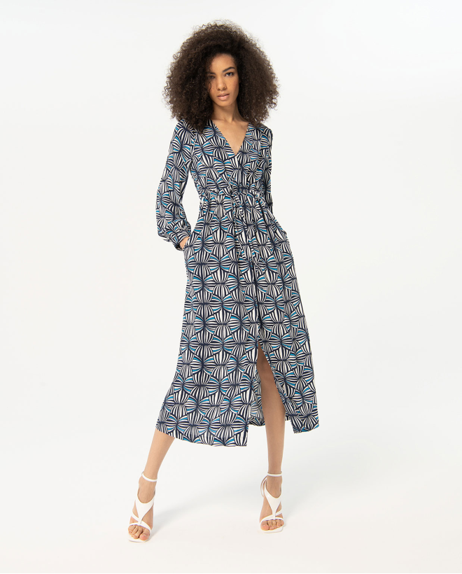 Vestido largo cinturón crepe estampado Marino