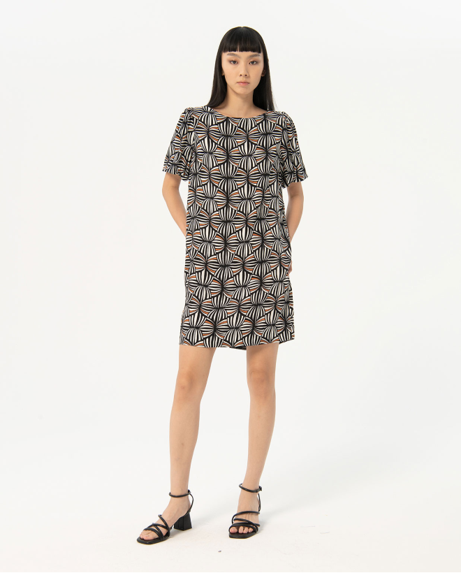 Vestido corto y recto crepe estampado Negro