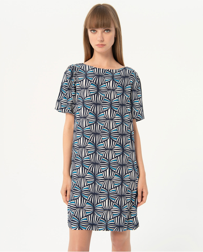 Vestido corto y recto crepe estampado Marino