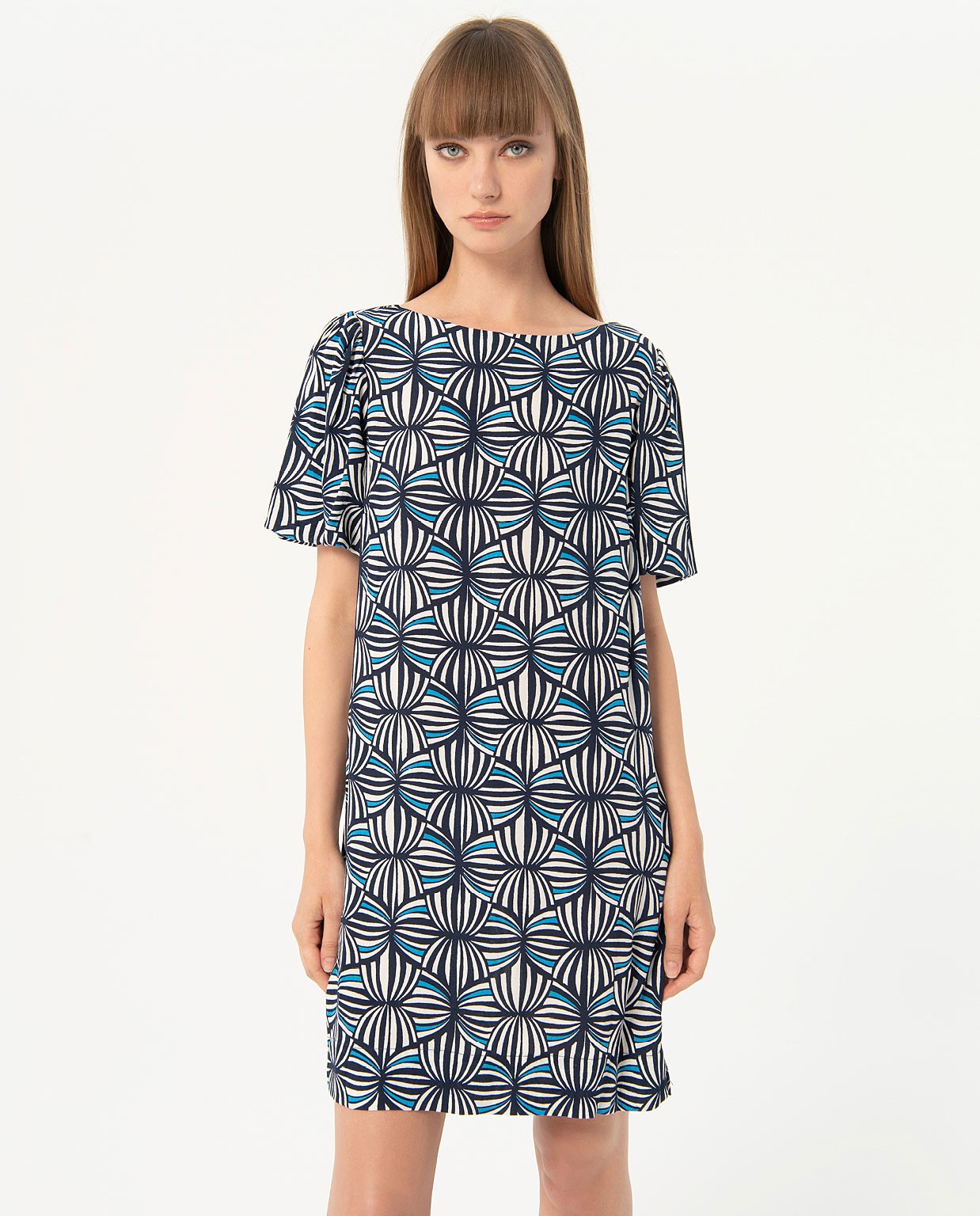 Vestido corto y recto crepe estampado Marino
