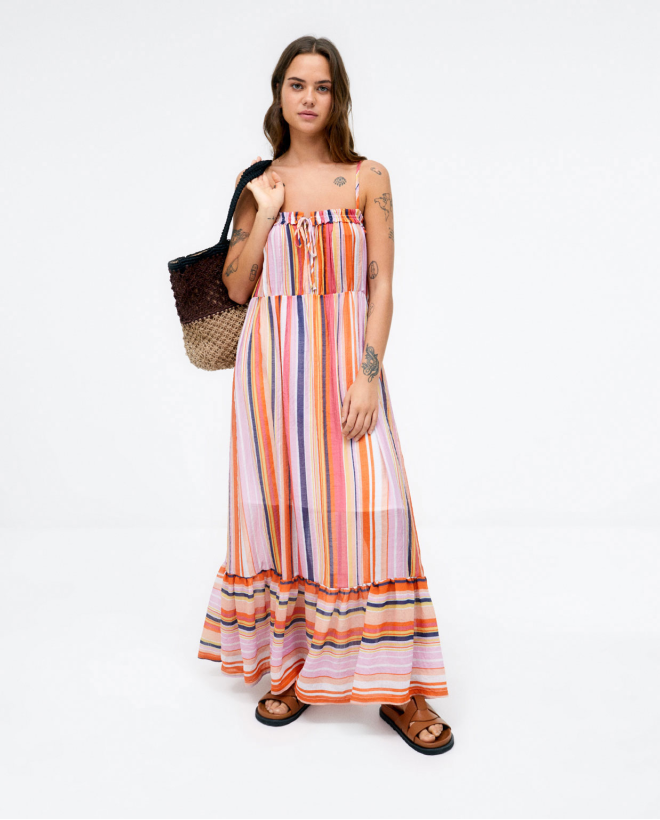 Long dress with straps and ruffle. Stripes Orange