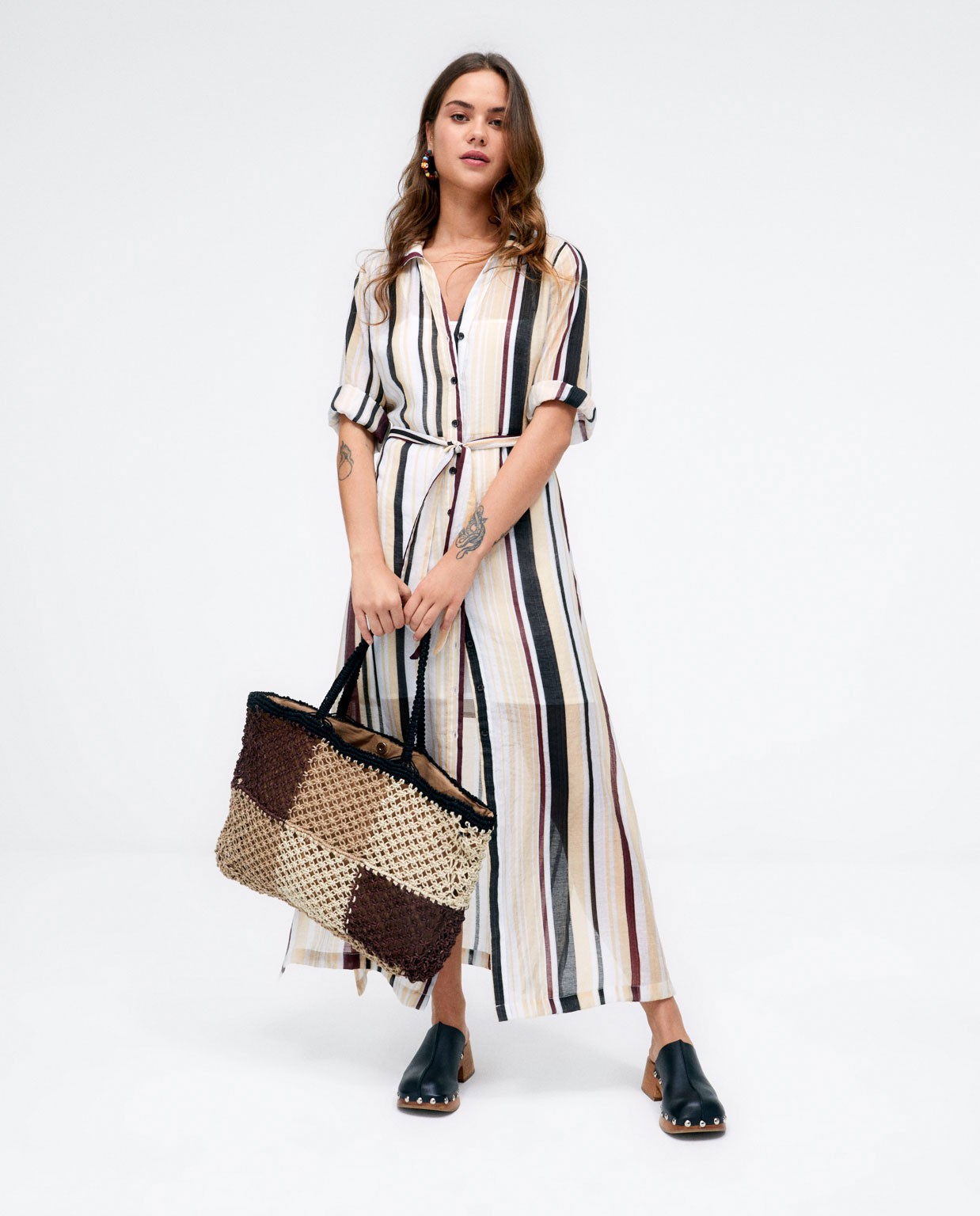 Vestido camisero largo. Manga 3 4.Rayas Beige