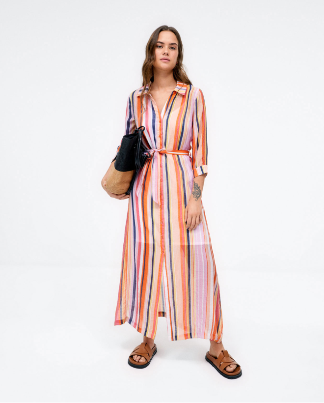 Vestido camisero largo. Manga 3 4.Rayas Naranja