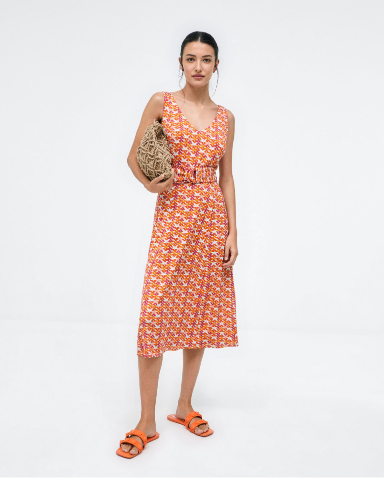 Vestido midi com decote em V e cinto Laranja
