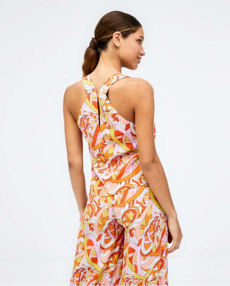 Camiseta tirantes. Cuello en V. Estampado Naranja