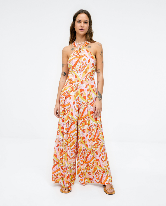 Wide leg jumpsuit. Halter neck. Orange