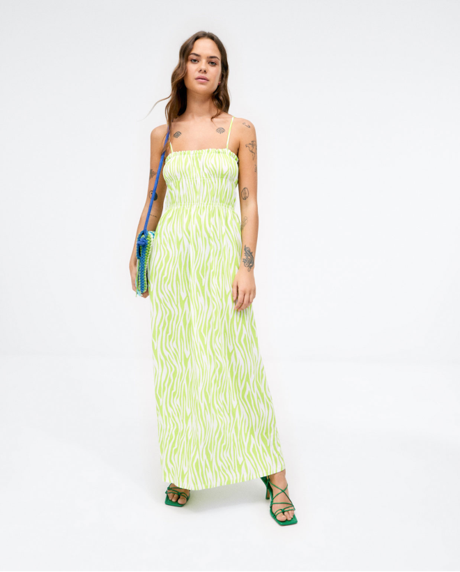 Long strappy knit dress with elasticated gathering Acid green