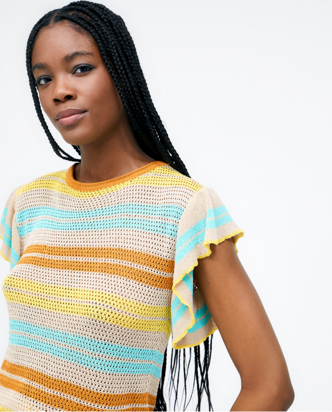 Top de malha às riscas com mangas aos folhos Amarelo
