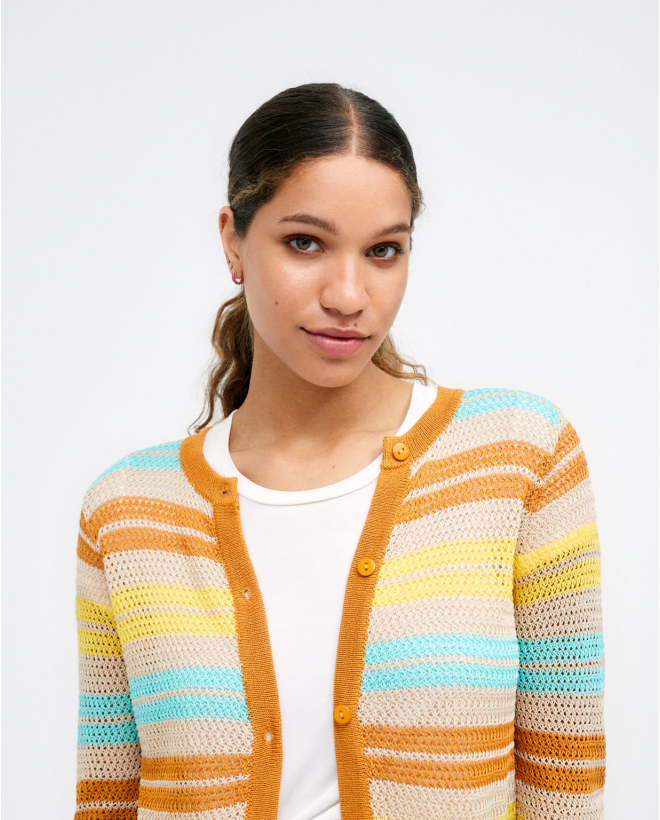 Short knitted cardigan. Without collar. Brown stri Yellow