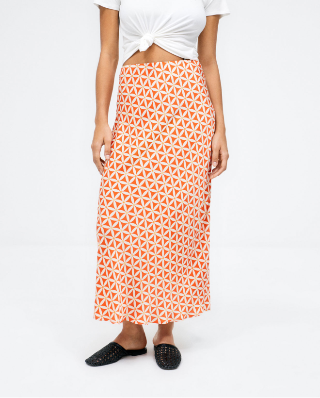 Saia midi ligeiramente rodada estampada Laranja