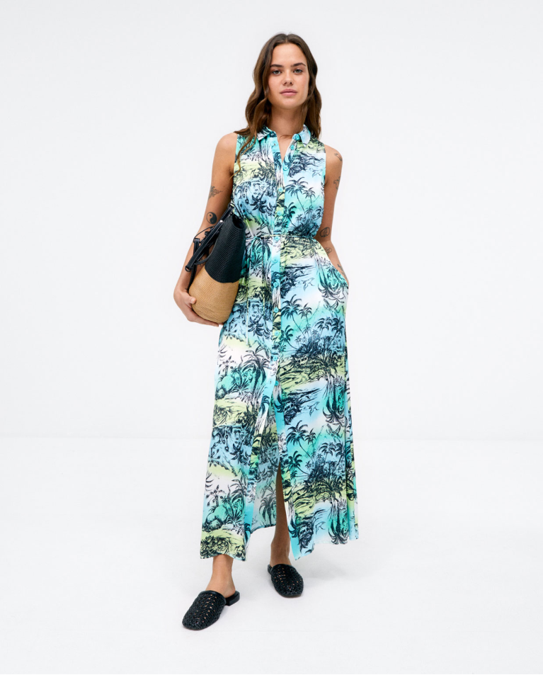 Vestido largo camisero sin mangas. Estampado Verde