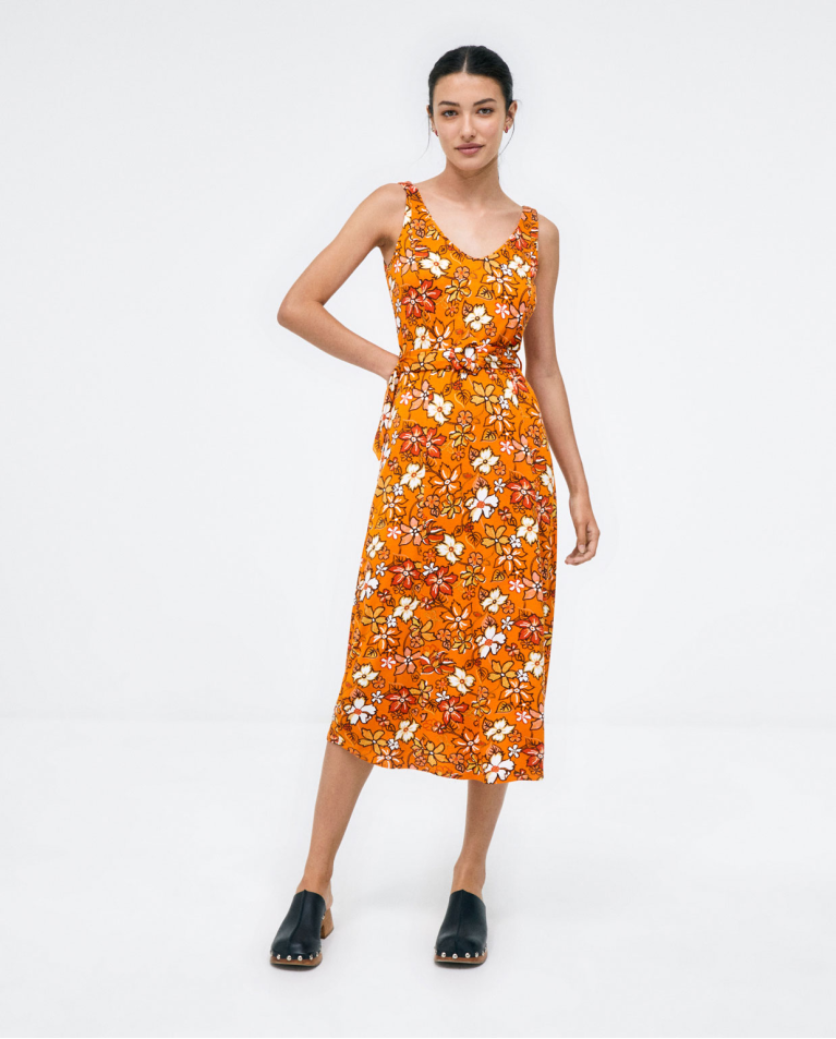 Vestido midi de alças com cinto Laranja