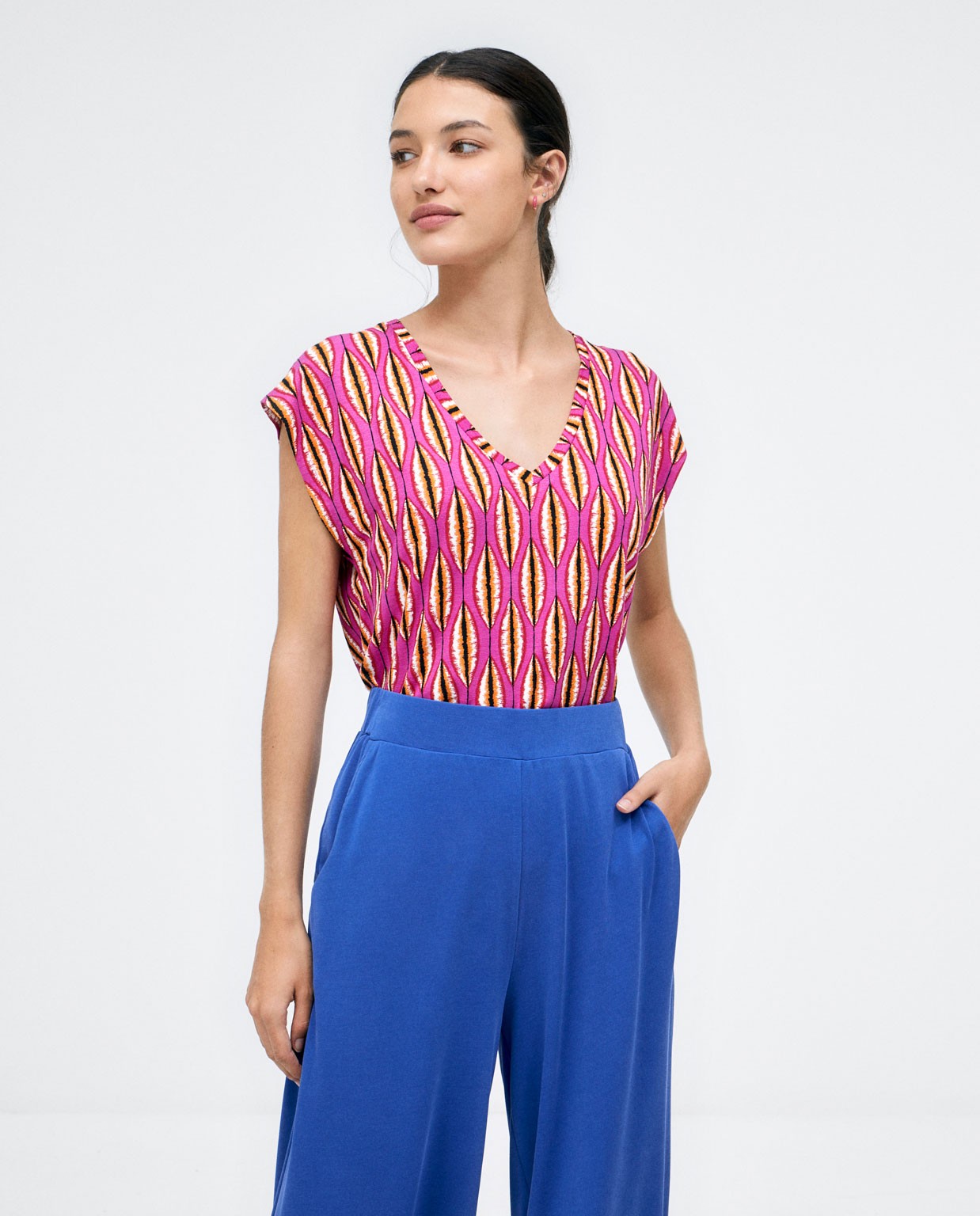 Pantalón largo ancho. Elástico Liso Azul