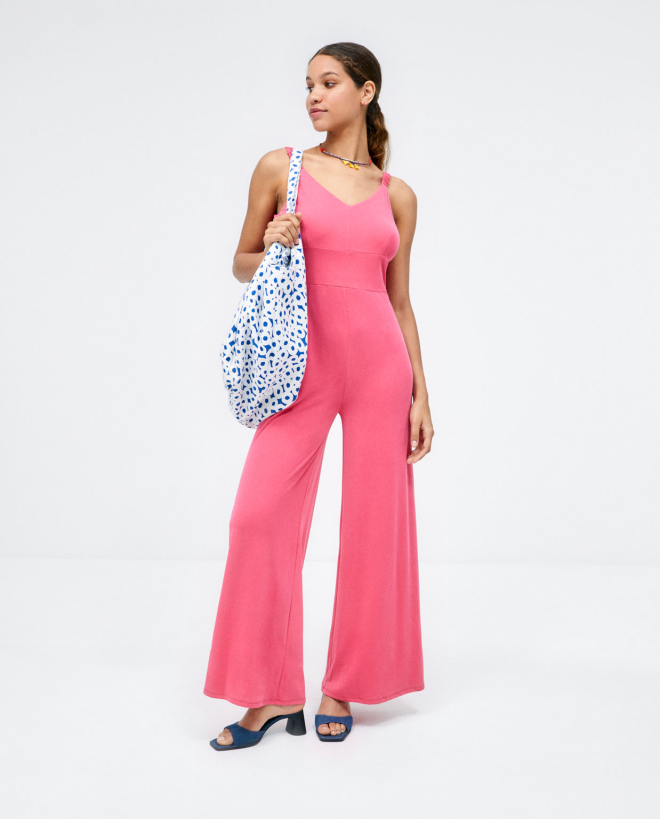 Strapless jumpsuit. Stretch. Plain e Fuchsia