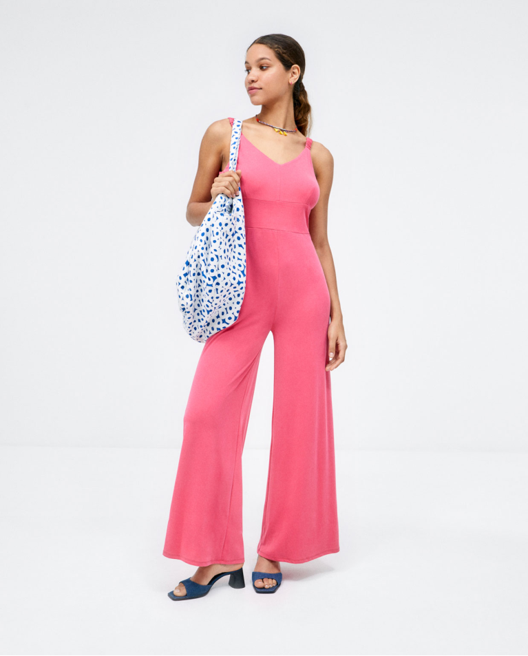 Strapless jumpsuit. Stretch. Plain e Fuchsia