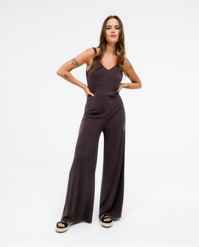 Strapless jumpsuit. Stretch. Plain e Brown