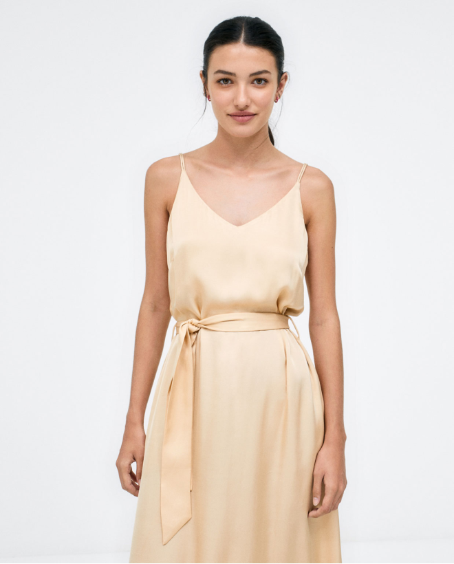 Vestido comprido de alças com cinto Bege
