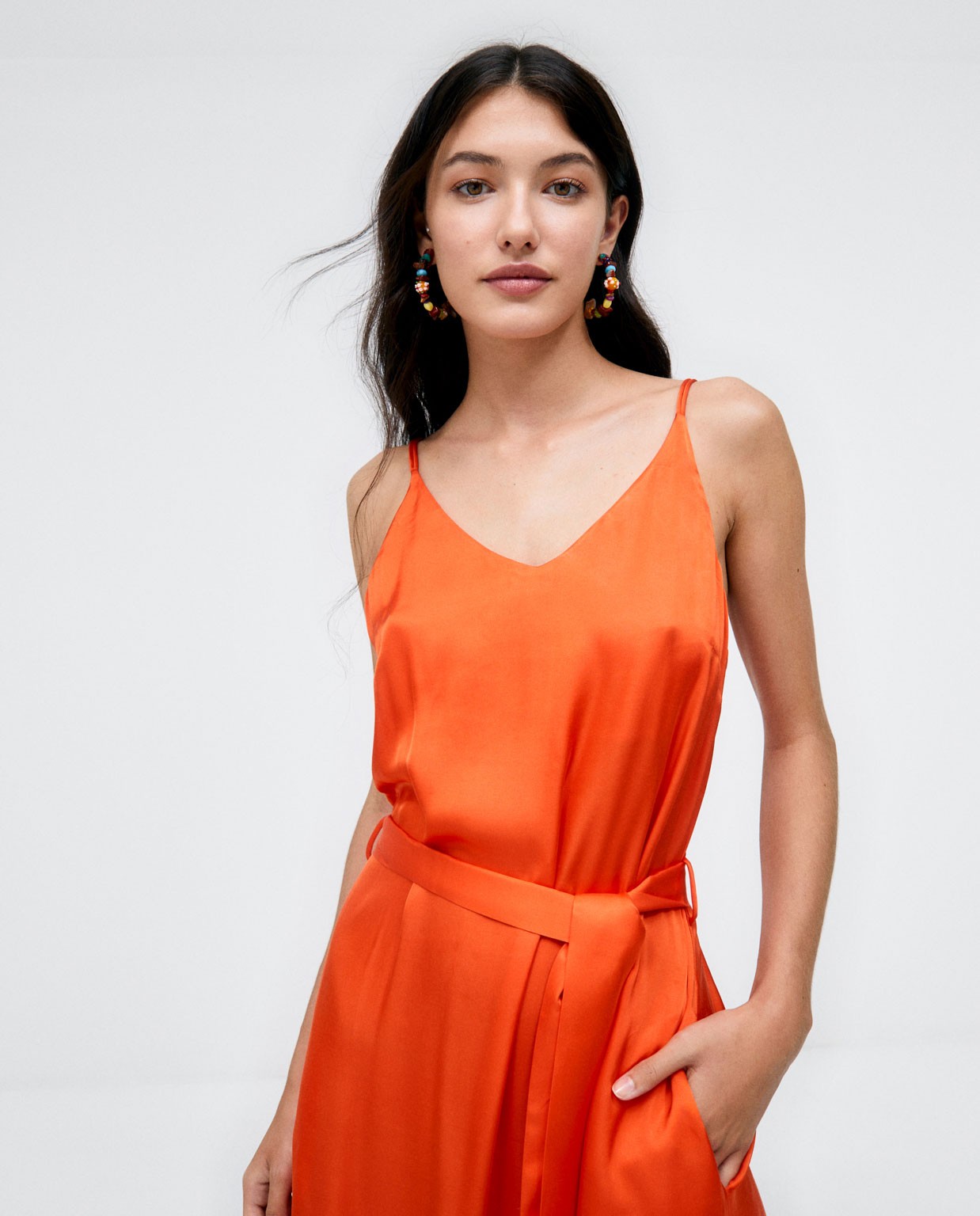 Vestido comprido de alças com cinto Laranja