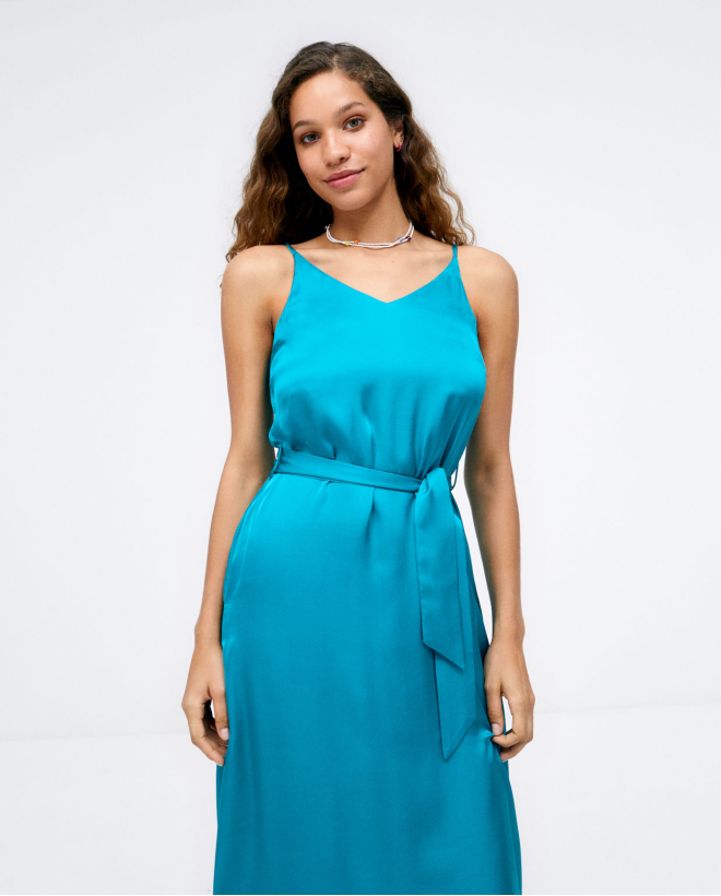 Vestido comprido de alças com cinto Turquesa