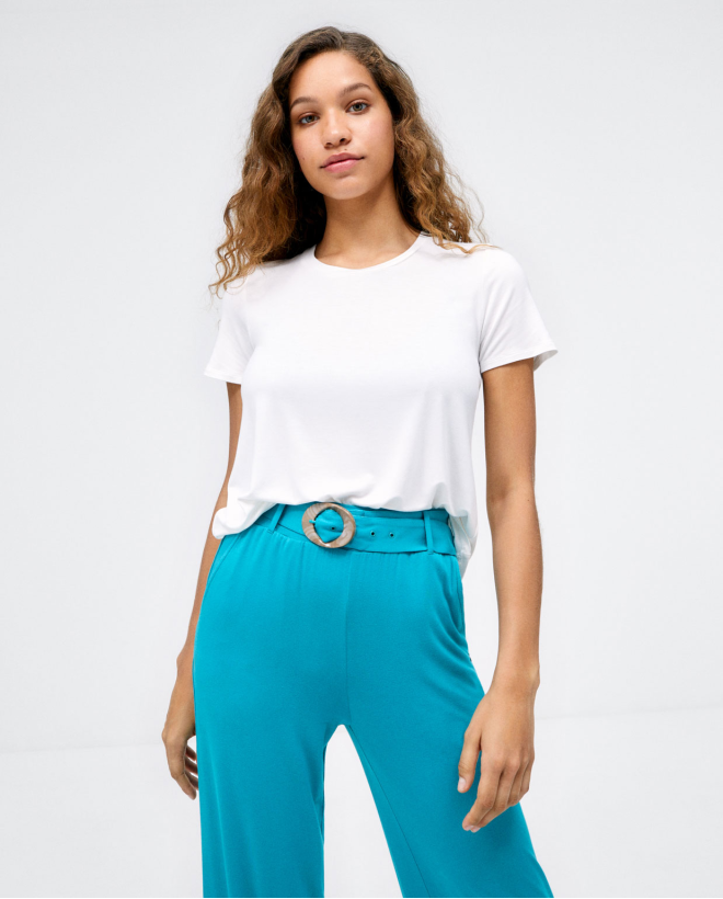 Long trousers with belt. Elasticated. Plain Turquoise