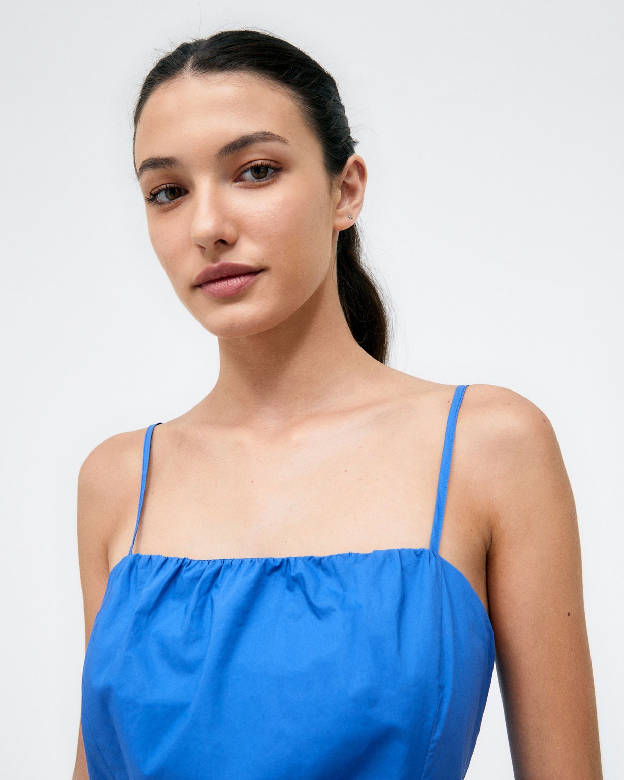 Tank top. Stretch ruched knit. Plain Blue
