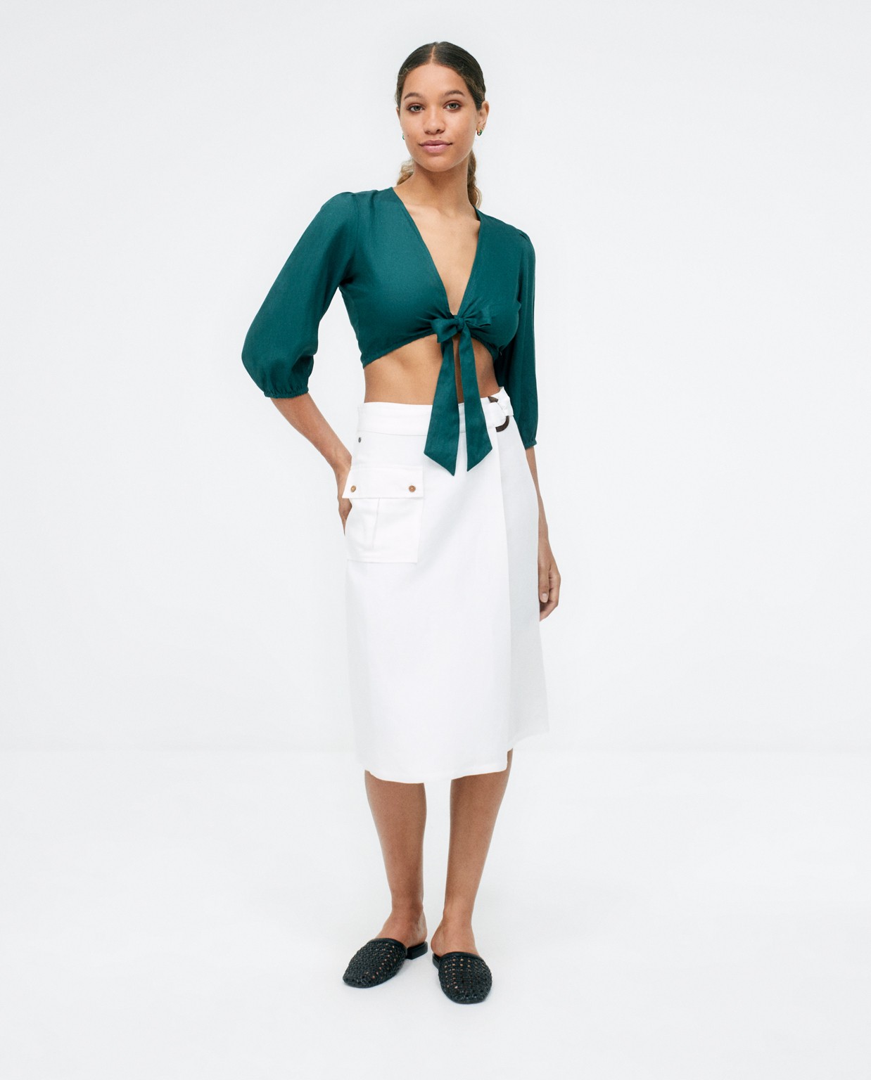 3 4 sleeve bolero knotted at the chest.  Khaki